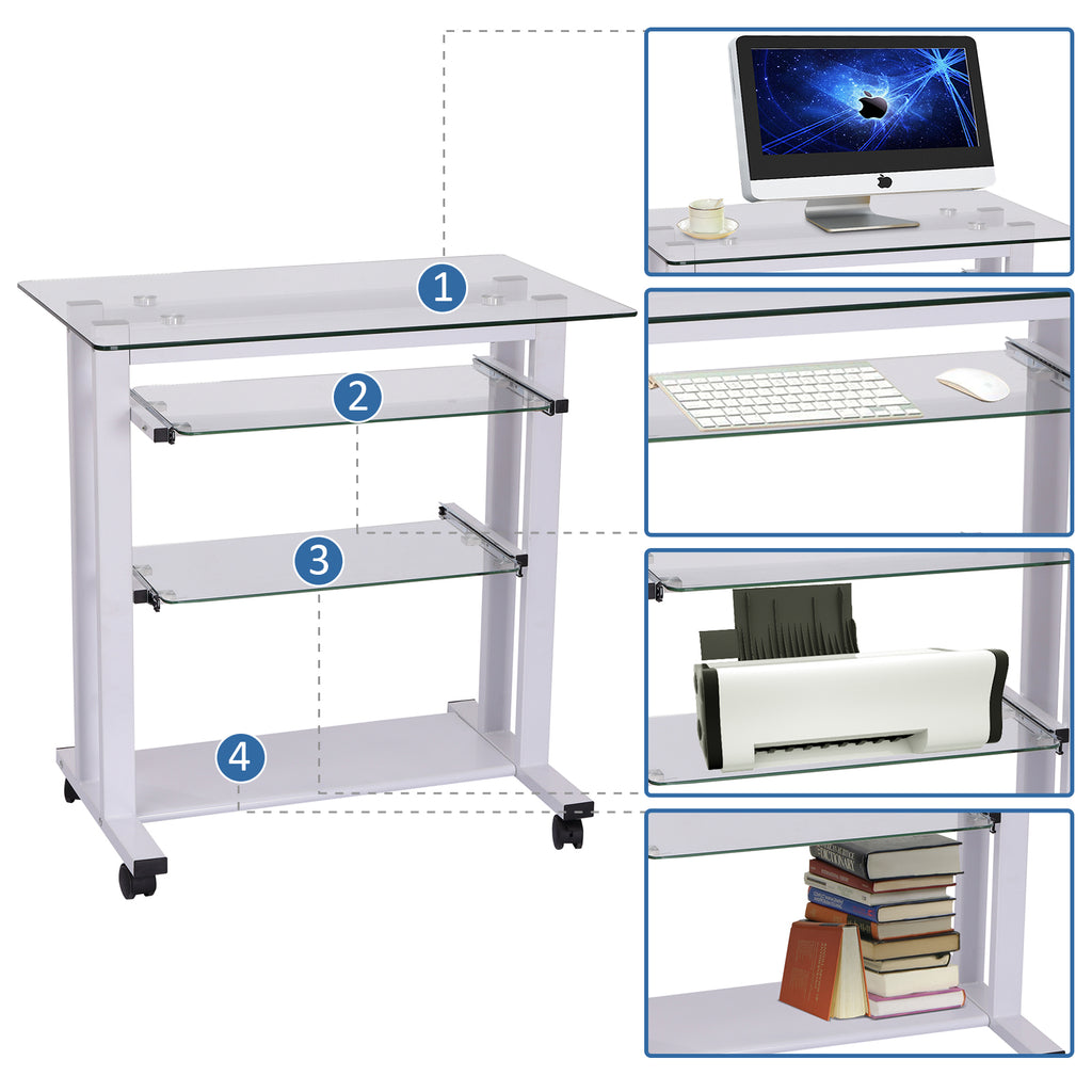 Secretária com Rodas Mesa para Computador com Bancada e Prateleiras de Cristal para Dormitório Escritório 80x51x83cm Branco — foto 4