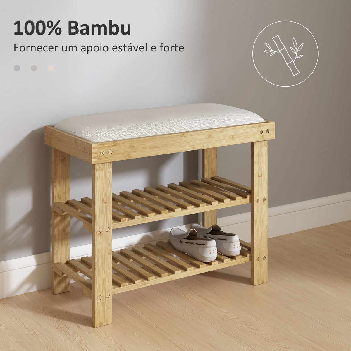 Banco Sapateira de Bambu Sapateira com Assento Almofadado 2 Prateleiras para 6 Pares de Sapatos para Entrada Dormitório 60x29x49 cm Madeira e Creme — foto 6