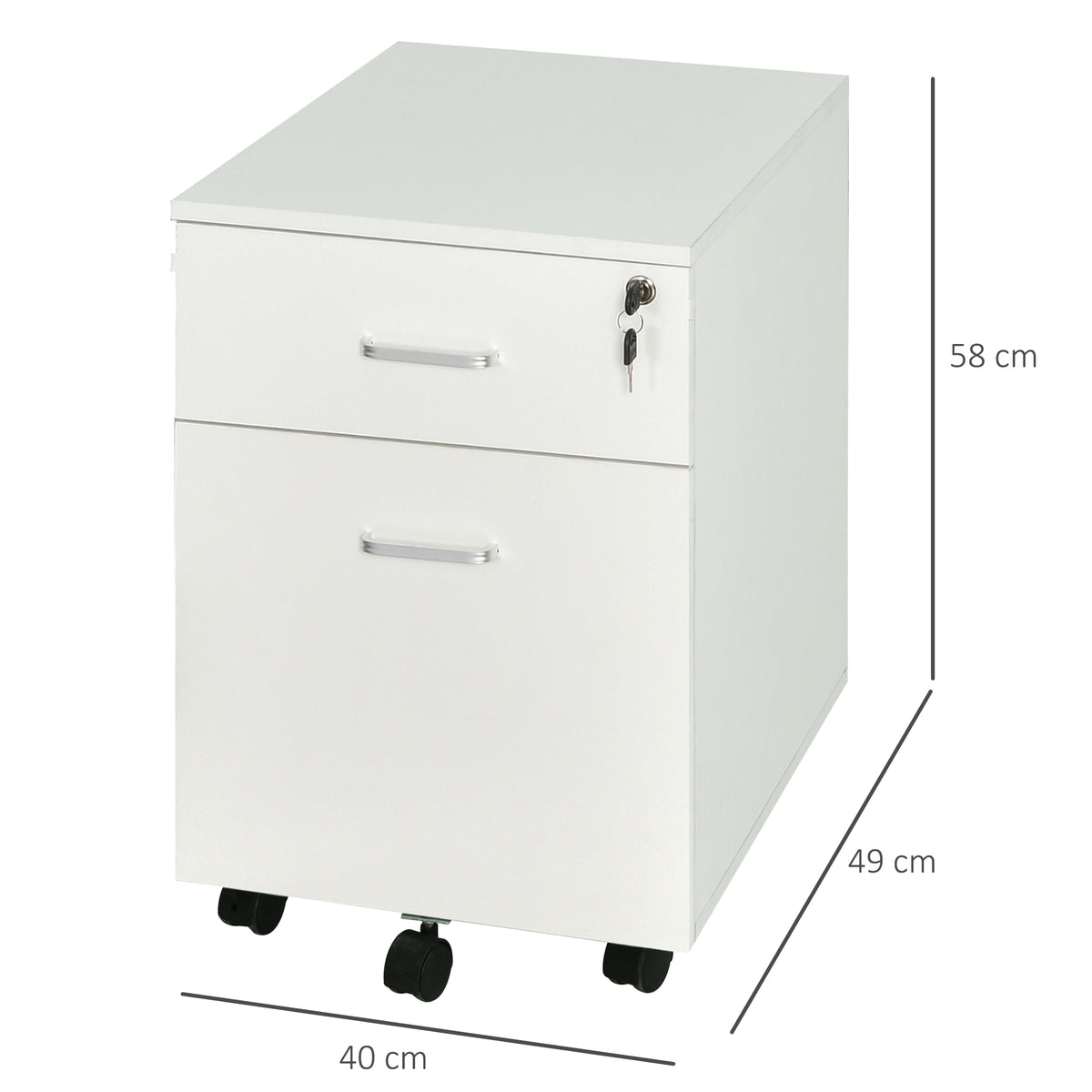 Bloco de Gavetas de Madeira Móvel para Arquivos para Escritório com 2 Gavetas 5 Rodas e 2 Travões para Escritório Secretaria Casa 40x49x58 cm Branco — foto 3