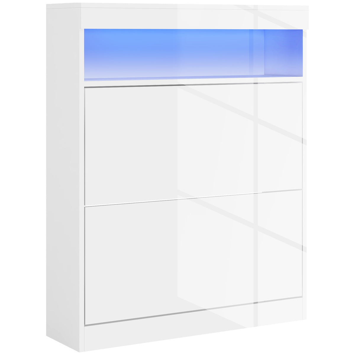 Móvel Sapateira de Entrada Armário Sapateira com Luzes LED Prateleira Aberta e 2 Gavetas Basculantes para 12-16 Pares de Sapatos 80x24x99,5 cm Branco Brilhante — foto 1