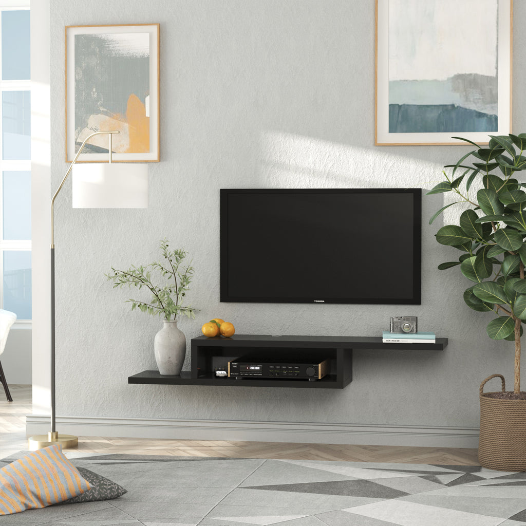 movel flutuante de TV para televisão de até 60 polegadas com 2 prateleiras de madeira 152,4x29,8x21 cm Preto — foto 6