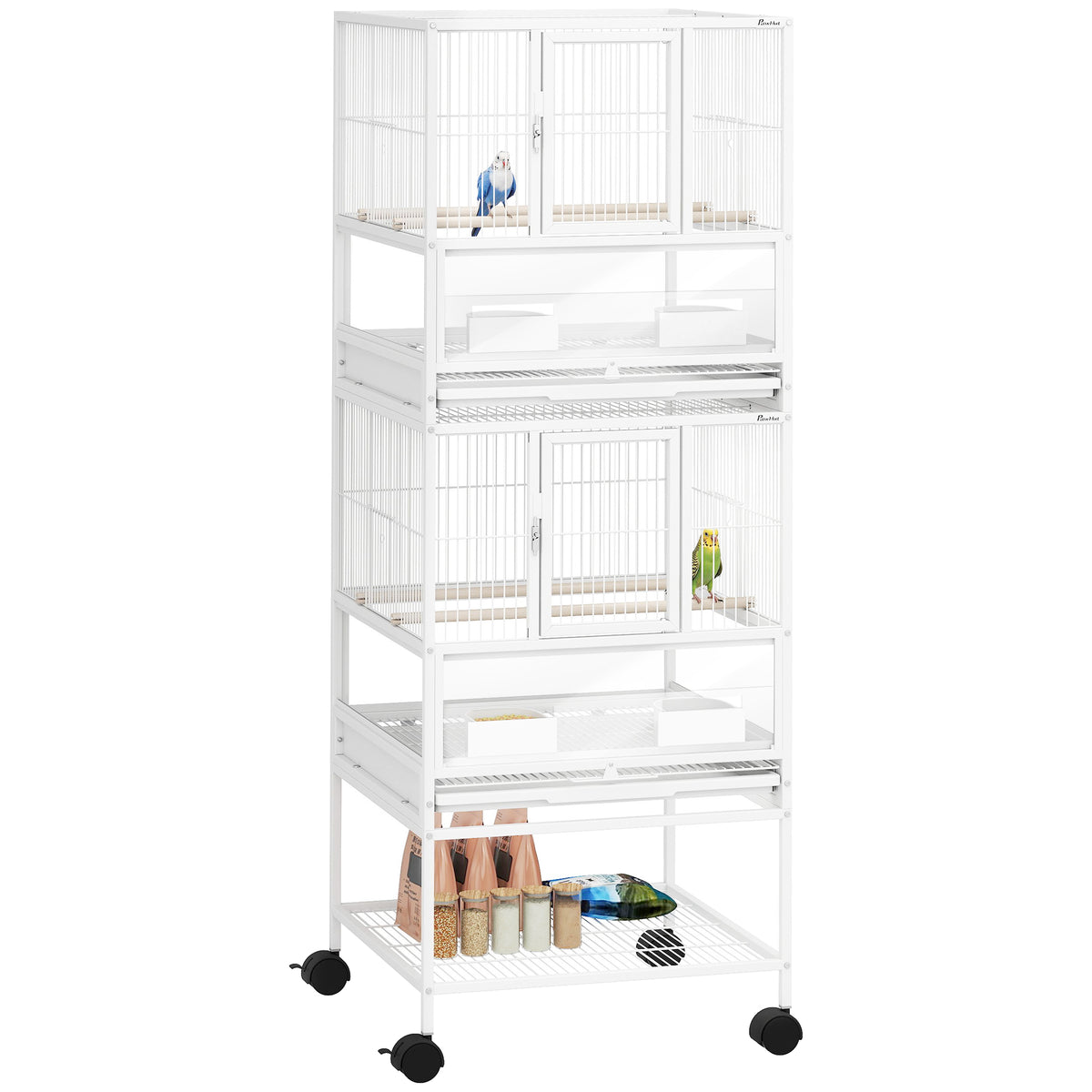 Gaiola para Pássaros Gaiola Grande de 2 Níveis com Rodas Painéis Acrílicos Comedouros Poleiros Prateleira Bandejas Amovíveis Gaiola para Papagaios Canários 48x46x134,5 cm Branco — foto 1