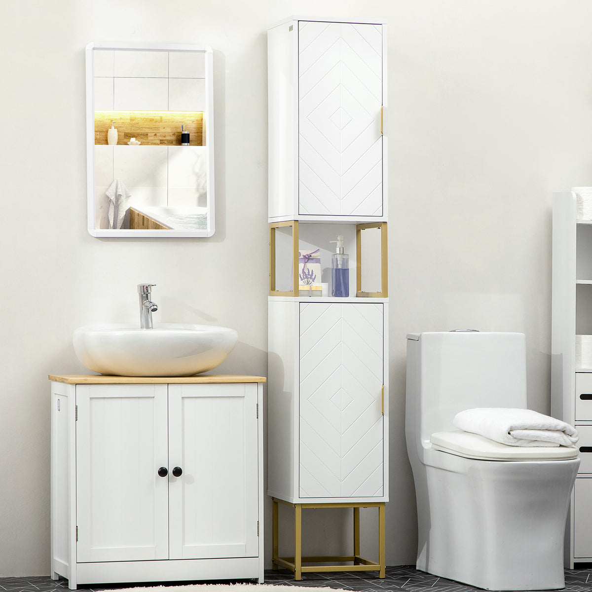 Coluna Casa de Banho Móvel Auxiliar Casa de Banho Armário Casa de Banho com 2 Portas Compartimento e Prateleiras Ajustáveis Anti-Tombo Estilo Moderno 30x30x170,7 cm Branco — foto 2