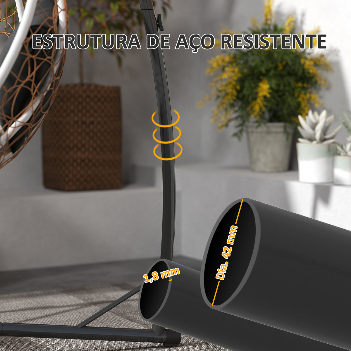 Suporte para Cadeira Suspensa Altura 215 cm com Estrutura de Aço Base Estável e Suporte para Copos Suporte para Cadeira de Baloiço para Pátio Jardim Varanda Carga 150 kg 105x105x215 cm Preto — foto 5
