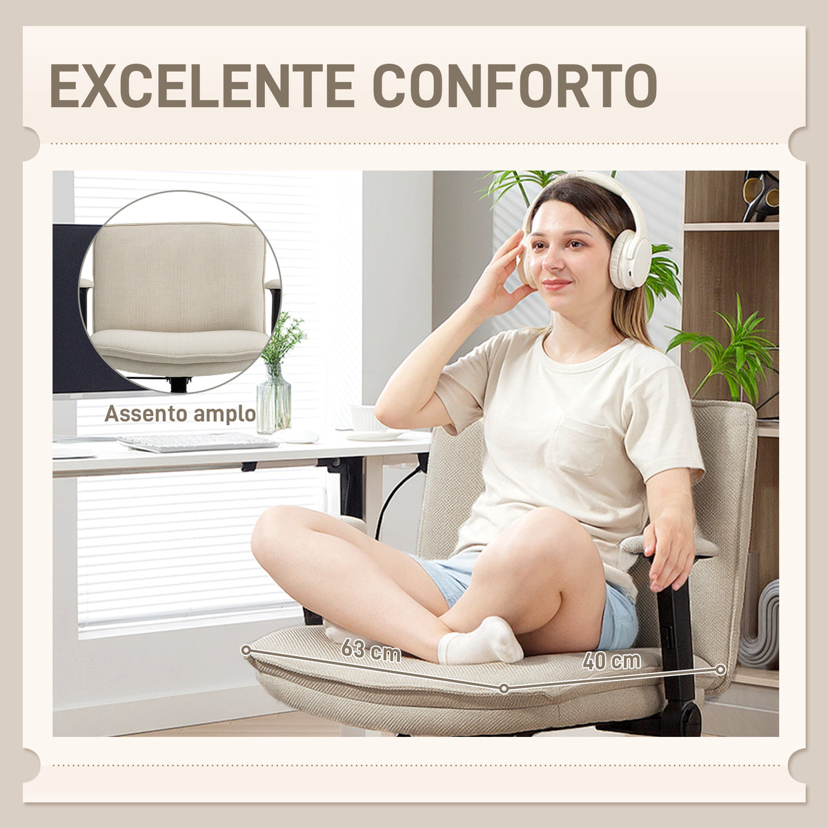 Cadeira de Escritório Cadeira de Secretária com Apoios de Braço Rebatíveis Assento Largo sem Rodas Altura Ajustável Giratória Função Basculante e Estofada em Linho 76x70x85-97 cm Creme — foto 4