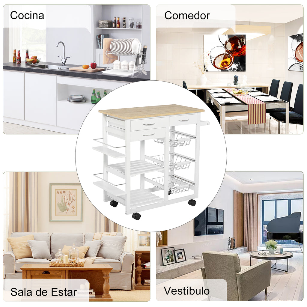 Carrinho de cozinha Carrinho de serviço multifuncional com gavetas Cestas Prateleiras de especiarias Toalheiro Rodas 92x37x82 cm Branco — foto 7