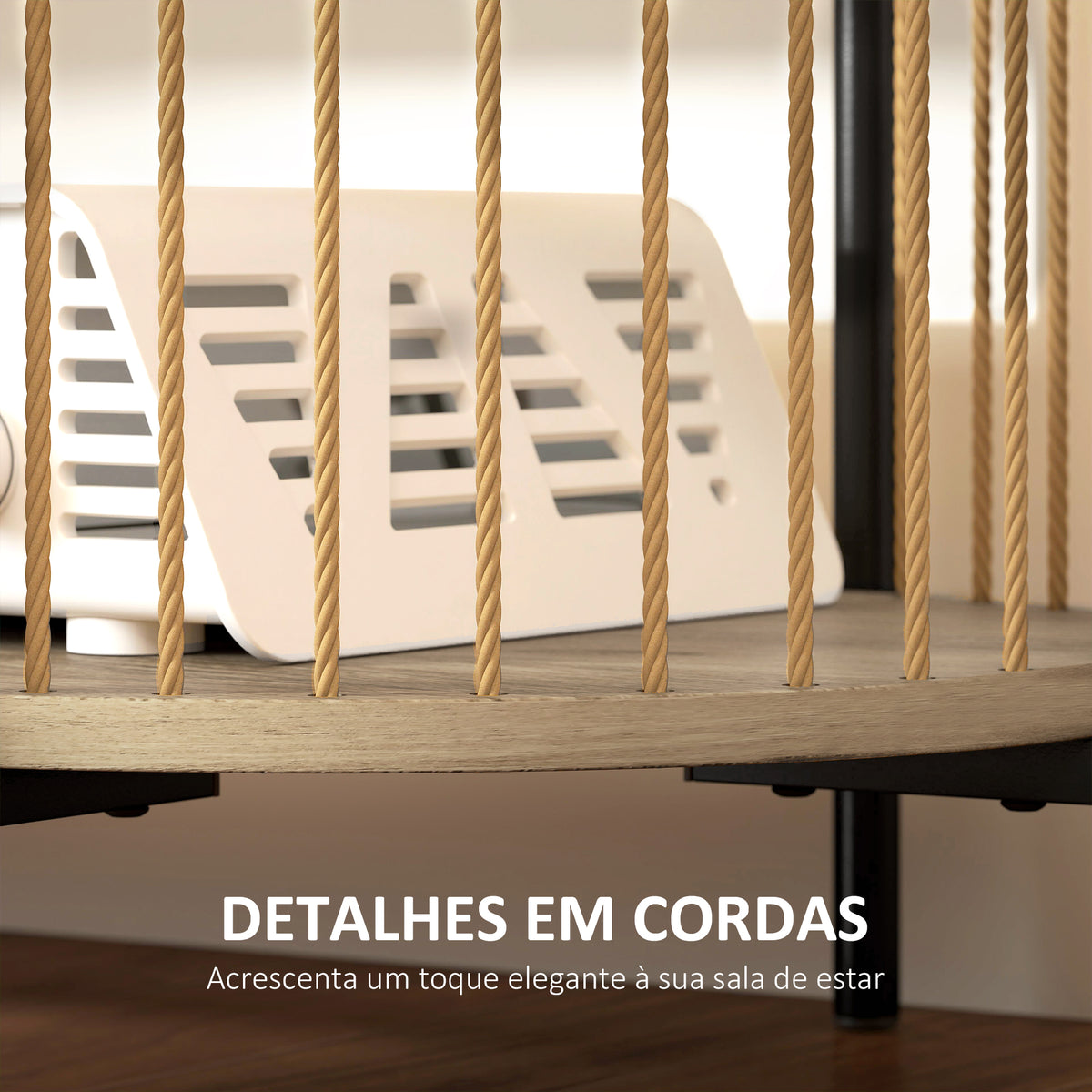 Móvel de TV Estilo Boémio Móvel de TV até 55 Polegadas com Detalhes em Corda de Papel e 2 Prateleiras Abertas para Sala de Estar Quarto 124x43,5x41 cm Madeira — foto 4