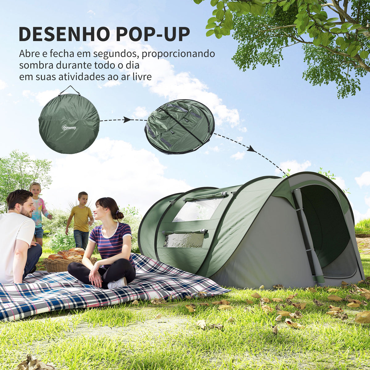 Tenda de Campismo Pop-up para 2-3 Pessoas Tenda de Campismo Instantânea com Janelas Bolsos e Bolsa de Transporte Impermeável Anti-UV 263,5x220x123 cm Verde e Cinzento — foto 4