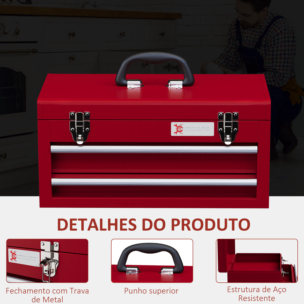 Caixa de Ferramentas de Aço com 2 Gavetas Tampa Abatível e Fechaduras Metálicas Mala de Ferramentas Portátil para Oficina Bricolage Casa 46x24x22 cm Vermelho — foto 4
