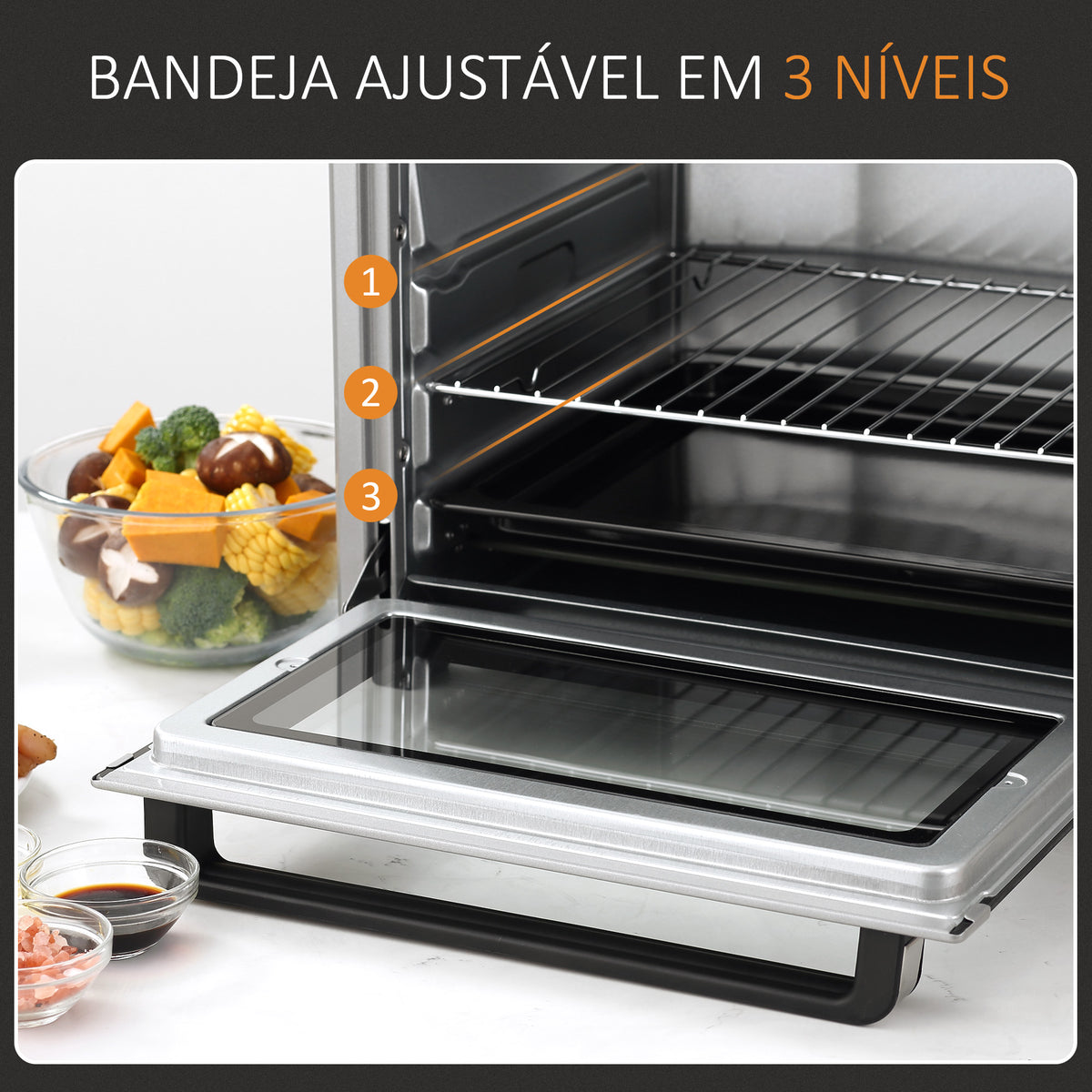 Mini Forno de Convecção 32L 16000 com 3 Modos de Aquecimento Temperatura até 230 °C Temporizador Bandeja de Assar Ajustável em 3 Níveis 52,2x38,1x33,5cm Prata — foto 5