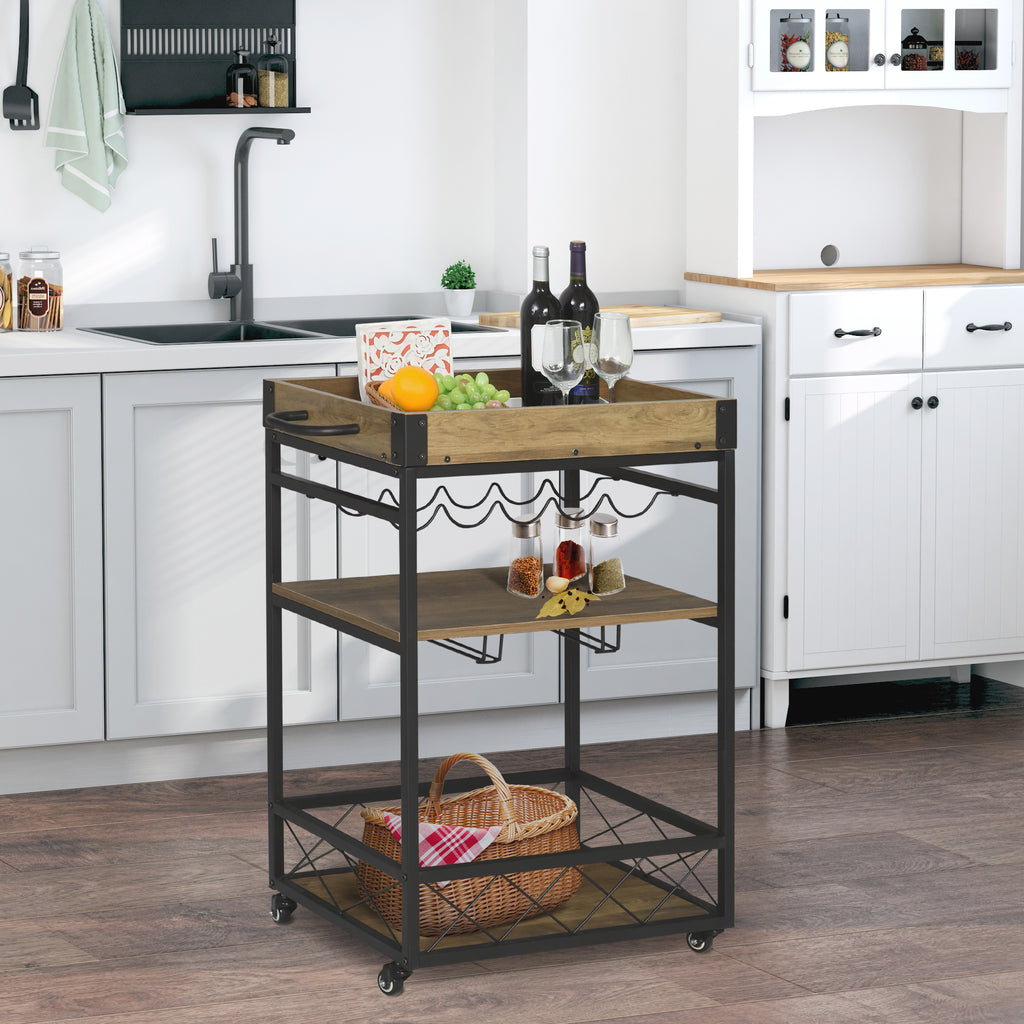 Carrinho de cozinha Carrinho de serviço móvel multifuncional com 3 prateleiras Suporte para copos e toalheiros da bandeja porta-copos para sala de jantar 77x44,5x91 cm Madeira rústica — foto 2
