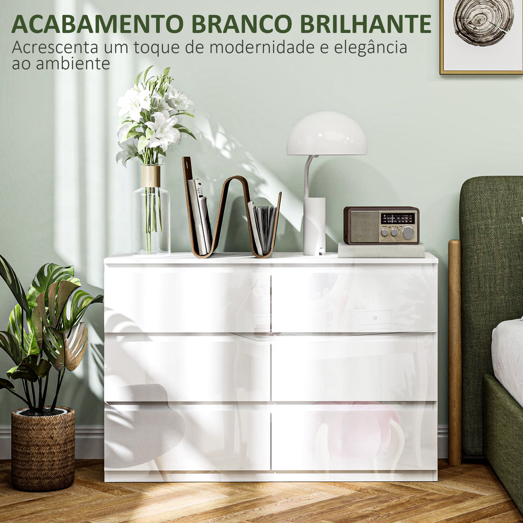 Cómoda com 6 Gavetas de Madeira Cómoda de Dormitório Cómoda Branca para Sala de Estar Estilo Moderno 112x34x75 cm Branco Brilhante — foto 5