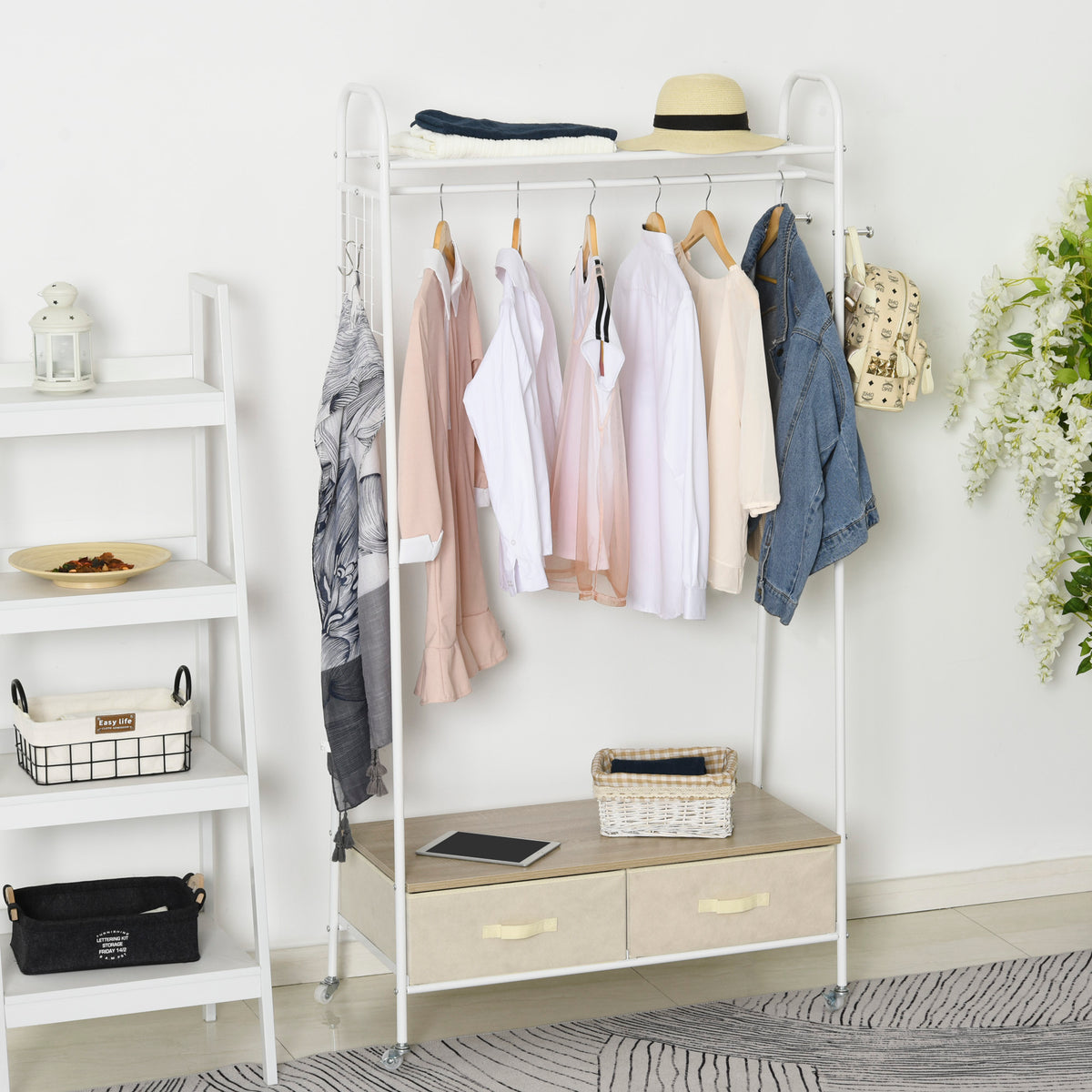 Suporte para Cabides de Metálico Cabideiro com Rodas Prateleira e 2 Gavetas para Organizar Roupas Bolsos Sapatos 99x47x185cm Branco — foto 2