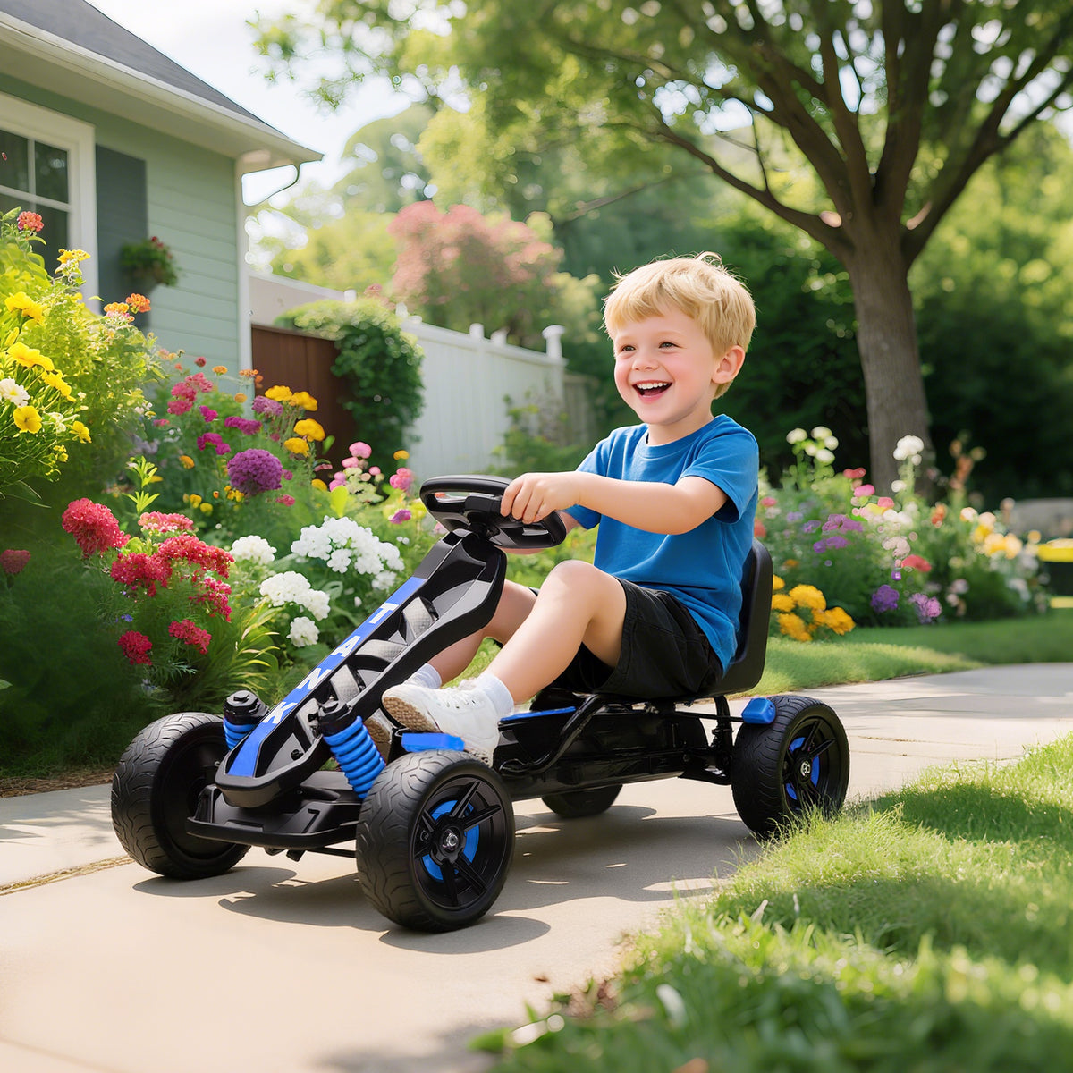Kart a Pedais para Crianças a Partir dos 3 Anos Kart com Embraiagem Automática Travão Rodas Antiderrapantes em EVA e Estrutura Metálica Carga 50 kg 100x59x60,5 cm Azul — foto 2