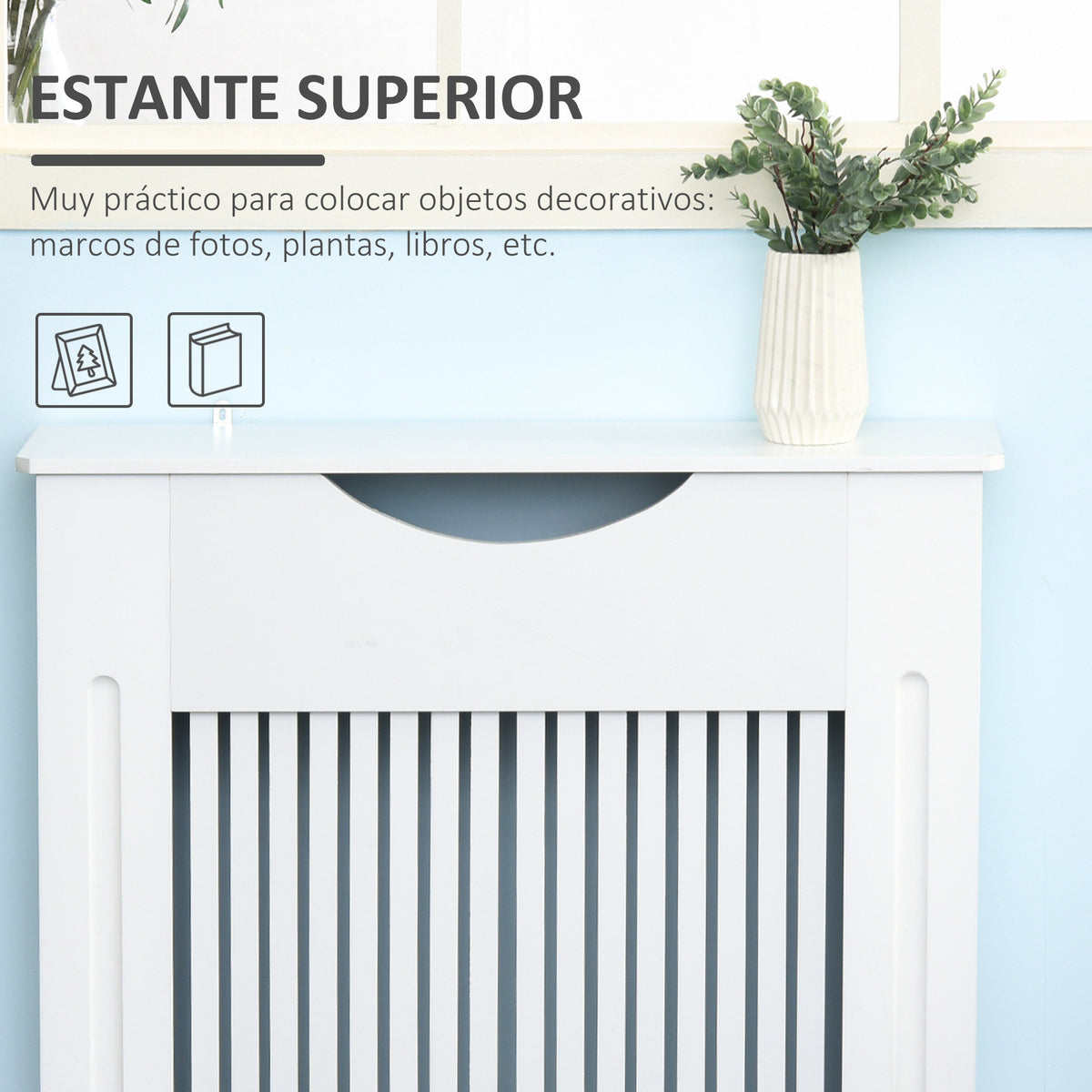 Cobertura Radiador 78x19x82cm Cobertura Radiador de MDF Moderno com Prateleira Carga 10kg e Dispositivo Anti Rolamento para Sala de Estar Dormitório Branco — foto 4