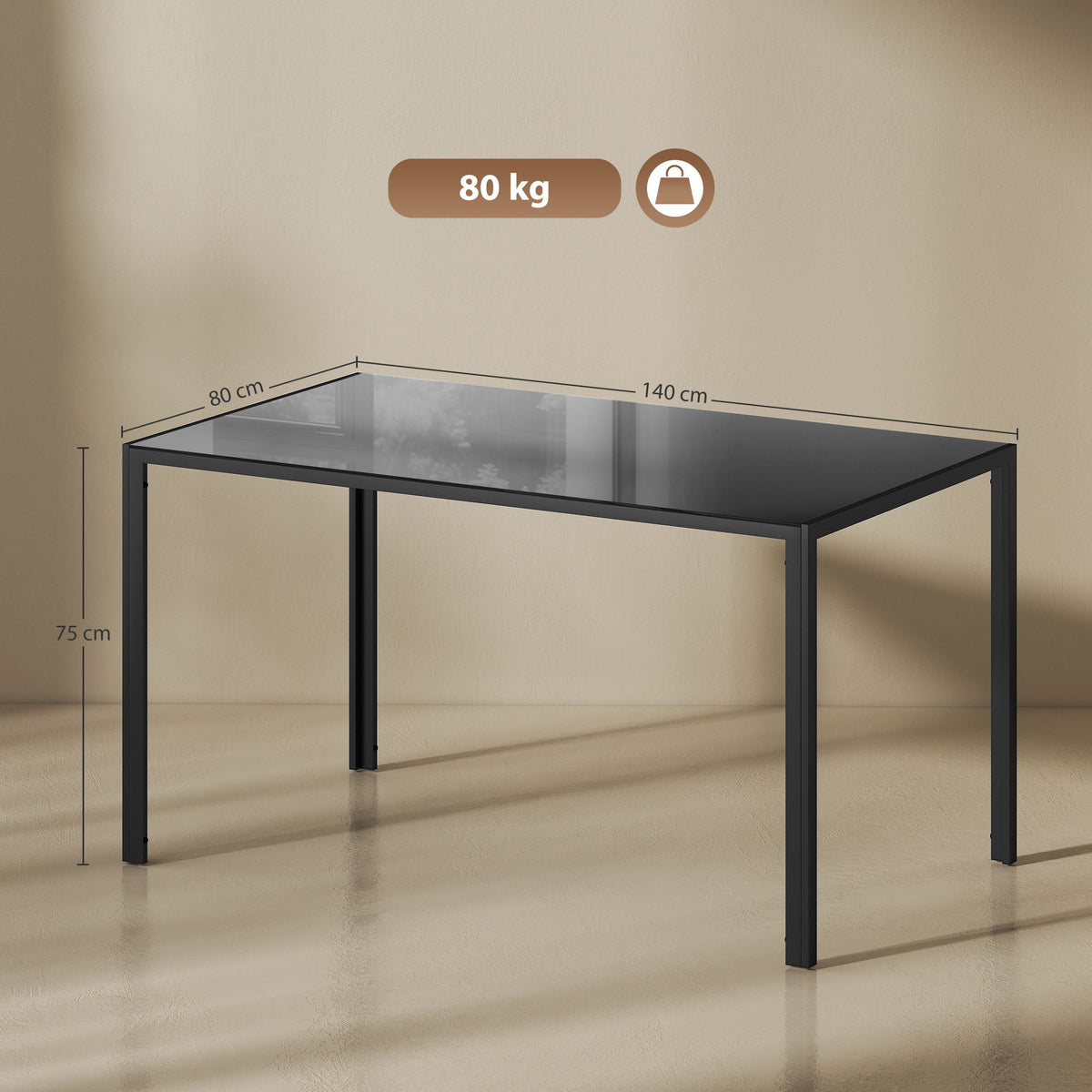 Mesa de Refeição de Vidro Mesa Retangular para 6 Pessoas com Pés de Metal Multifuncional para Cozinha ou Sala 140x80x75 cm Preto — foto 3