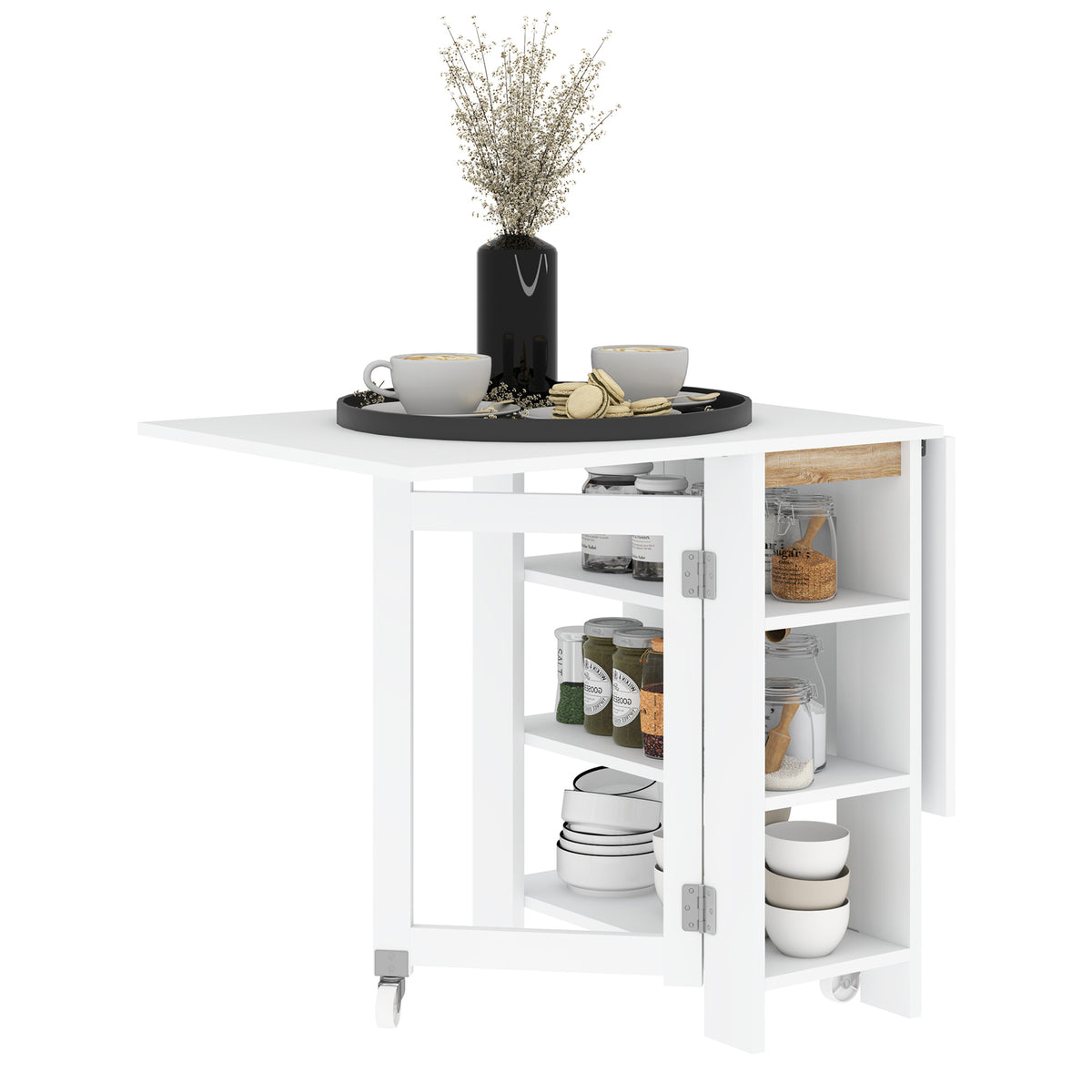 Mesa Dobrável com Asas Dobráveis Mesa de Cozinha com 2 Rodas e Prateleiras Estilo Moderno 120x60x75 cm Branco — foto 1