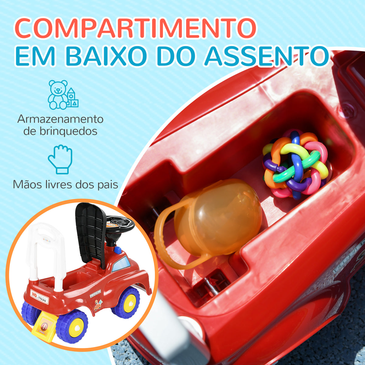 Carro Andador para Crianças de 18-36 Meses Desenho de Camião de Bombeiros Carro Andador com 3 Luzes Música Compartimento de Armazenamento e Volante 49x24x42 cm Vermelho — foto 6