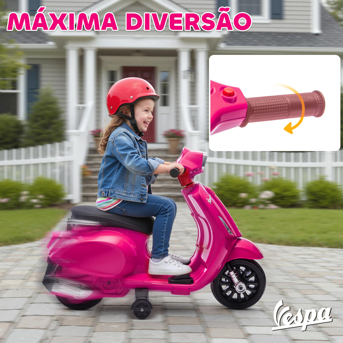 Mota Elétrica para Crianças 6V com Licença Vespa Mota Elétrica Infantil com Rodas Auxiliares Velocidade de 2,5km/h Farol e Buzina para Crianças de 2-6 Anos 71x37x52 cm Rosa — foto 5