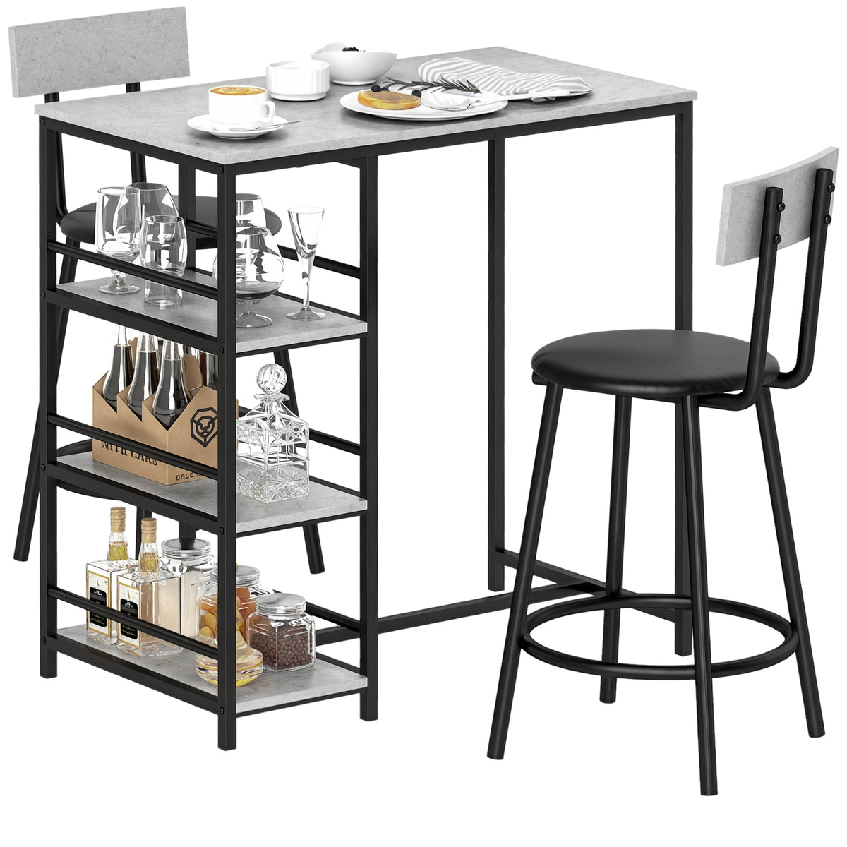 Conjunto de Mesa Alta de Bar com 2 Bancos Mesa Alta de Cozinha com Bancos Prateleiras Laterais Assento Acolchoado e Barra para Descanso dos Pés Cinza Escuro — foto 1
