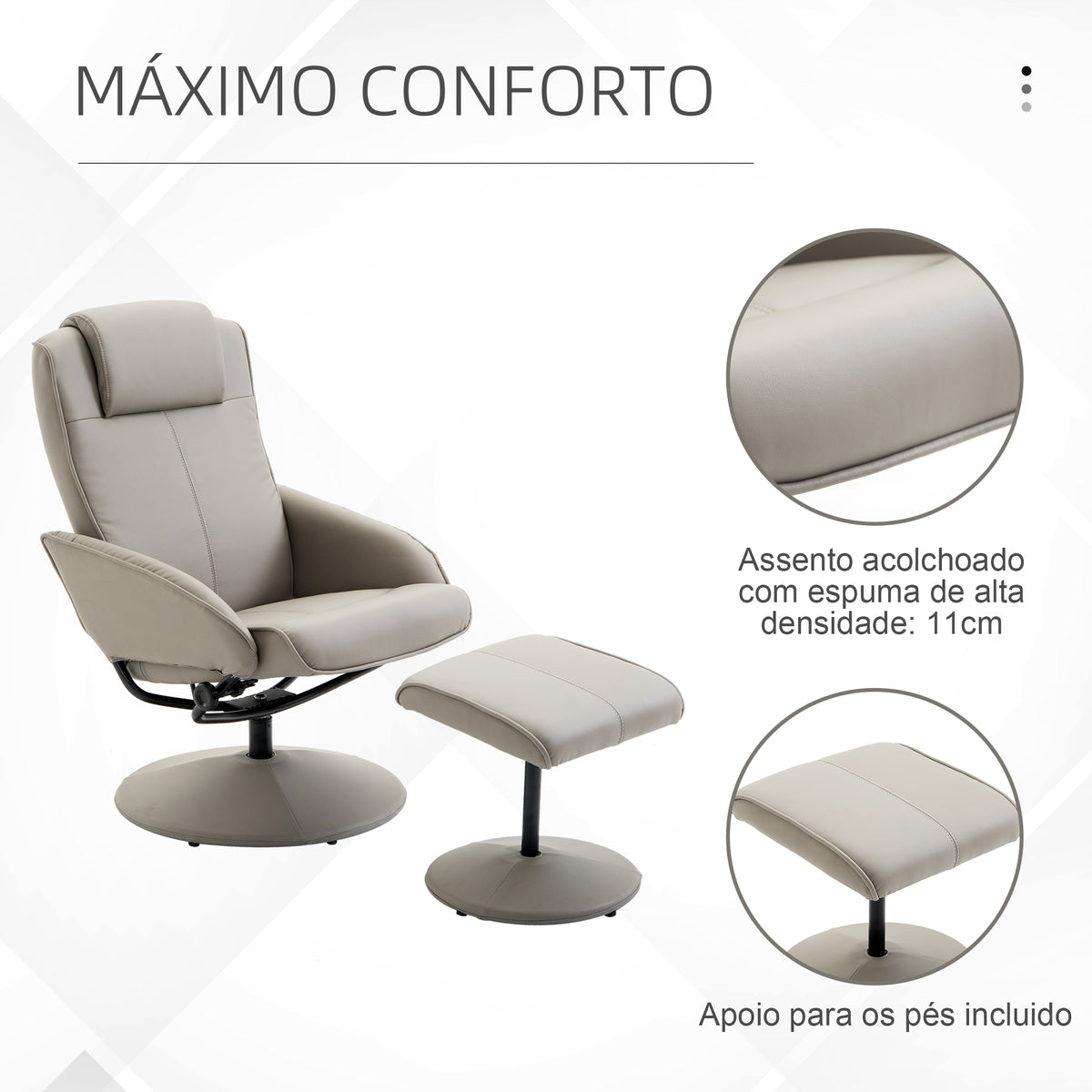 Poltrona Relax Reclinável até 145° com Banco de Apoio para os Pés Poltrona Giratória 360° Estofada em PU e Estrutura de Aço 78x67x98cm Cinza — foto 5