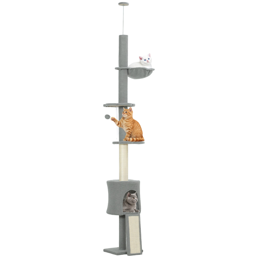 Arranhador para Gatos de Chão a Teto Altura Ajustável de 220-240 cm Torre para Gatos com Rede Plataformas em Flor Cavernas Rampa e Bola Cinza Claro — foto 1