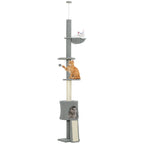 Arranhador para Gatos de Chão a Teto Altura Ajustável de 220-240 cm Torre para Gatos com Rede Plataformas em Flor Cavernas Rampa e Bola Cinza Claro — foto 1