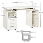 Secretária para computador Mesa para PC com prateleiras múltiplas Bandeja de teclado Suporte para CPU e 2 gavetas 120x55x85 cm branco — foto 3