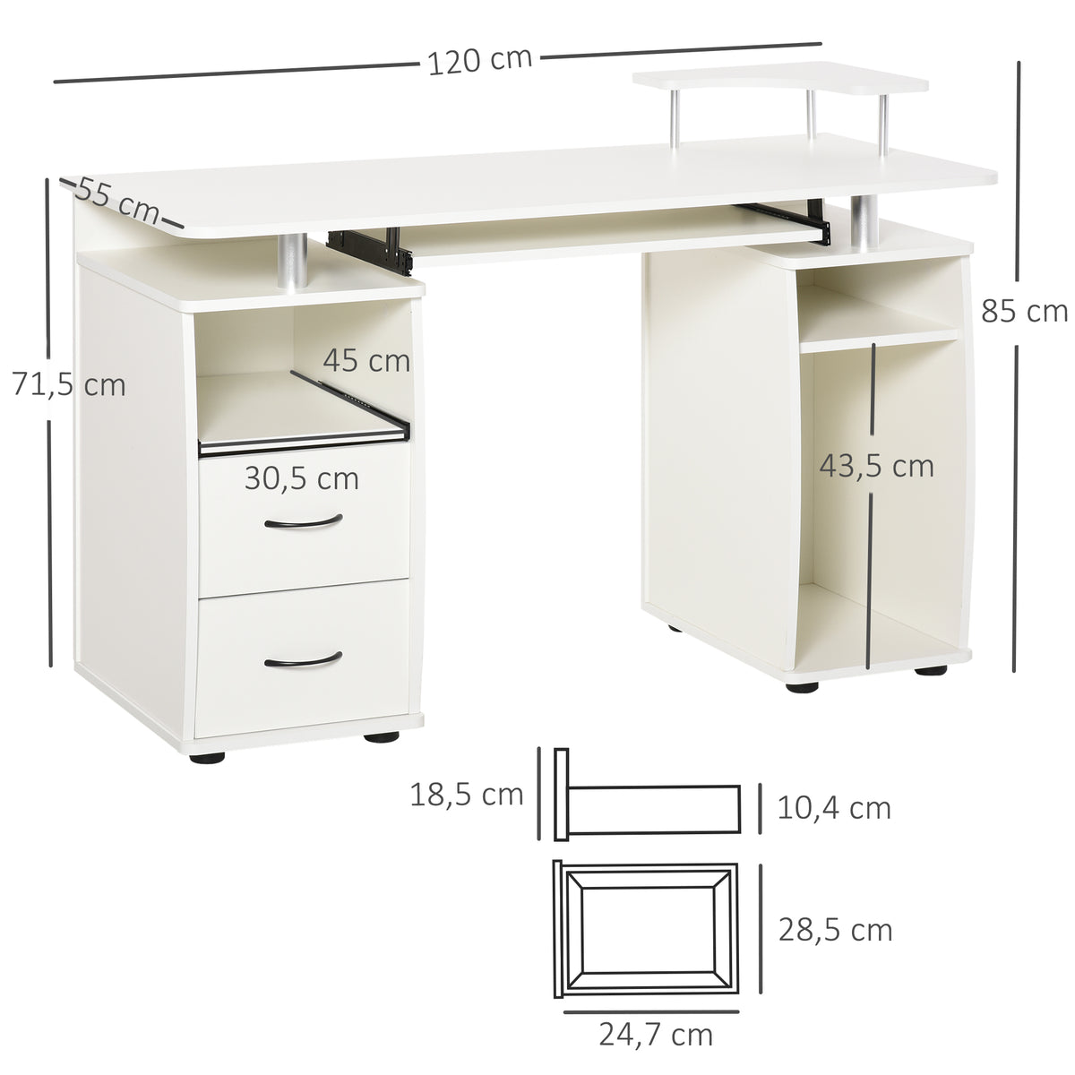 Secretária para computador Mesa para PC com prateleiras múltiplas Bandeja de teclado Suporte para CPU e 2 gavetas 120x55x85 cm branco — foto 3