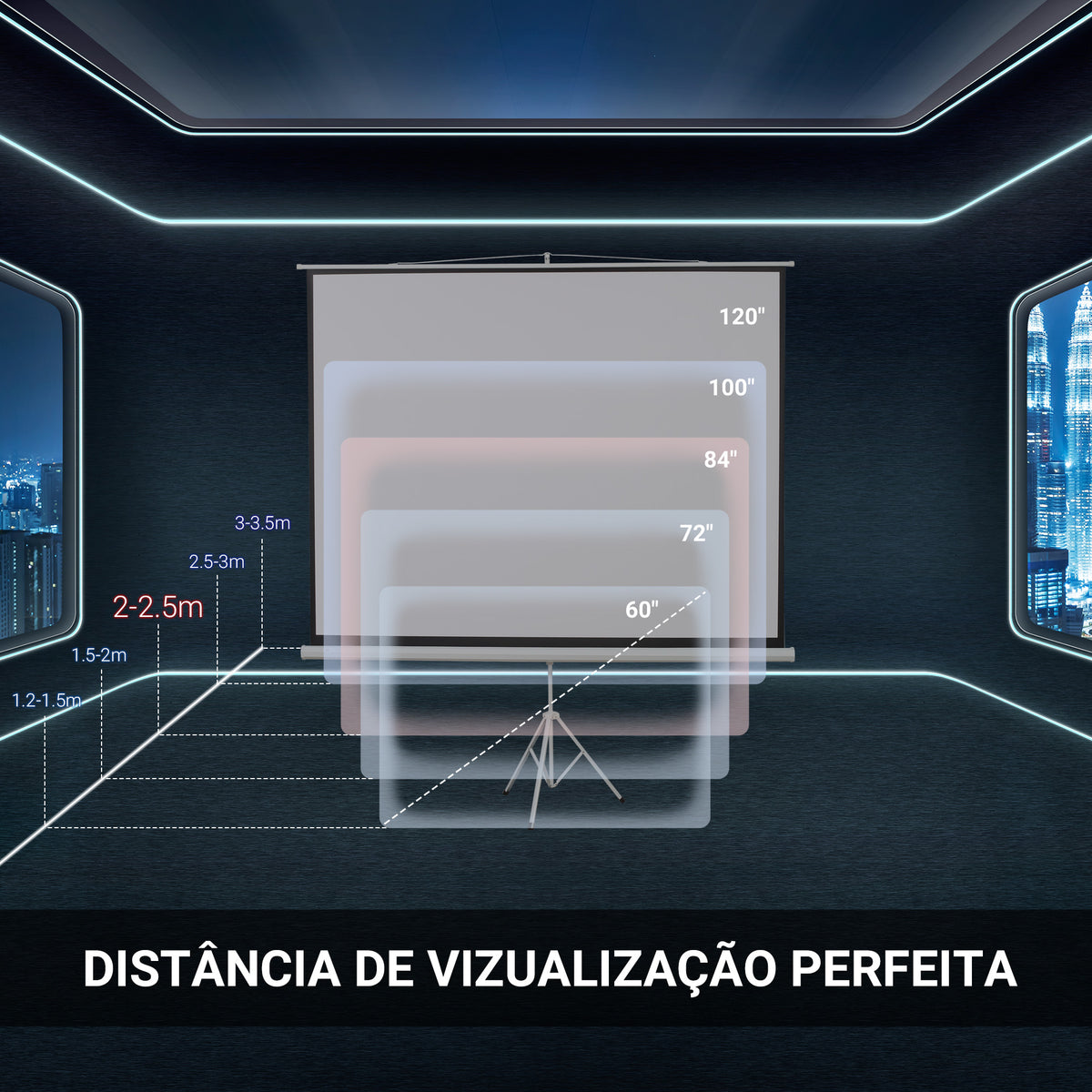 Tela de Projeção Dobrável 84 Polegadas Tela de Projeção Formato 4:3 com Altura Ajustável para Cinema em Casa Apresentações 180x203 cm Branco — foto 7