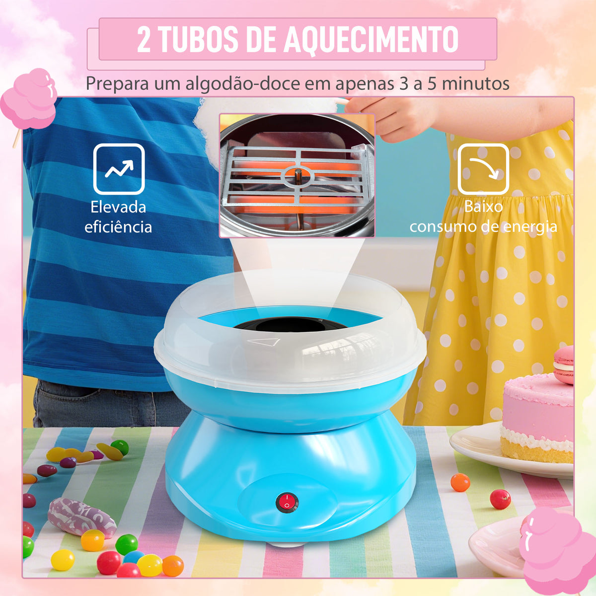 Máquina de Algodão Doce Potência 450W-550W Máquina de Algodão Doce com Colher Medidora e 10 Palitos de Bambu Aço Inoxidável e Alumínio 27x26x18 cm Azul — foto 4