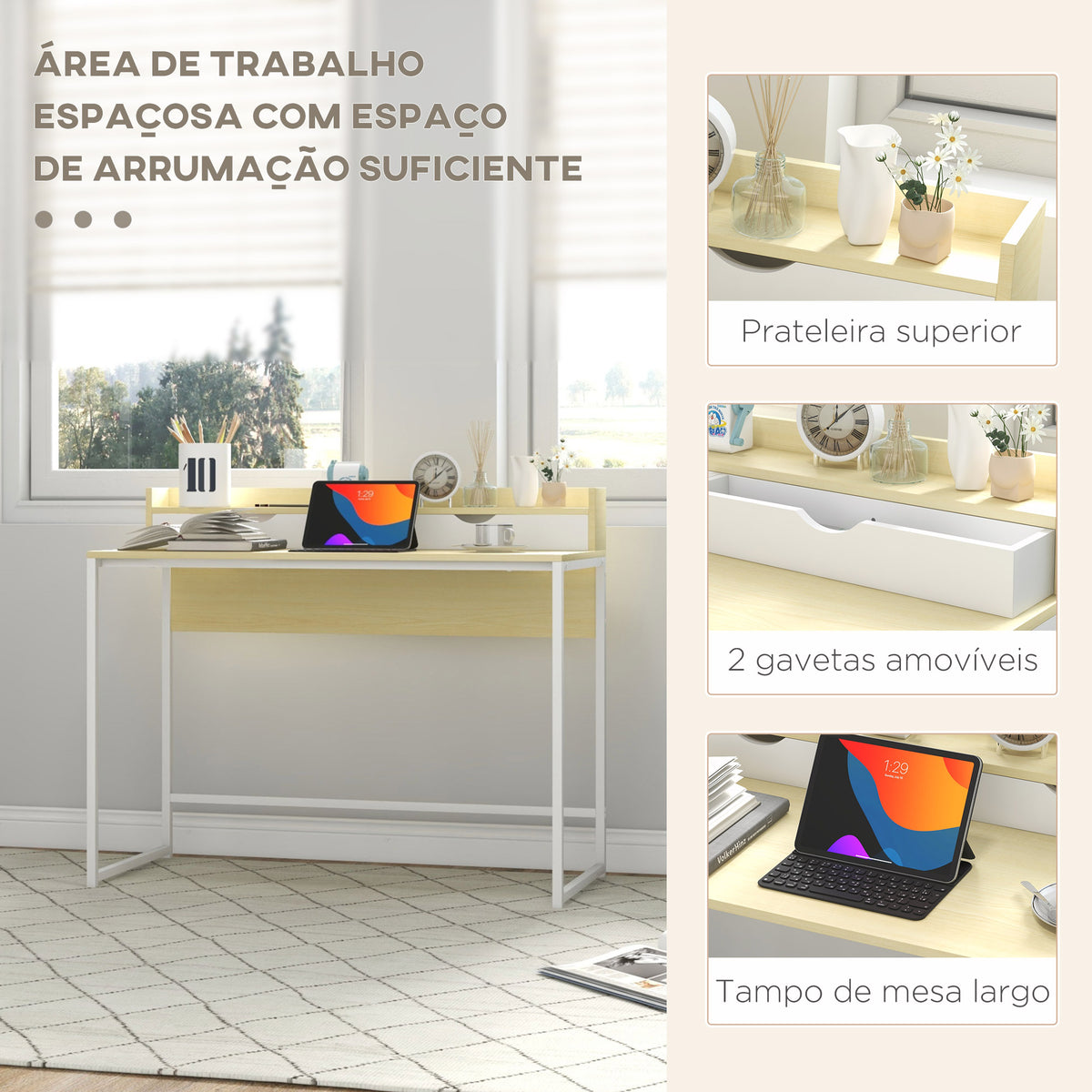 Secretária Moderna Mesa para Escritório Mesa de Computador com Estante de Armazenamento e 2 Gavetas Removíveis 106x50x89 cm Branco — foto 4
