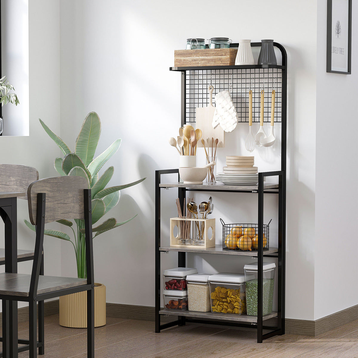 Estante Dobrável com 4 Níveis Estante de Estilo Industrial de Armazenamento com 5 Ganchos e Anti-Rolamento para Sala de Estar Escritório Dormitório 60x30x150cm Preto — foto 2