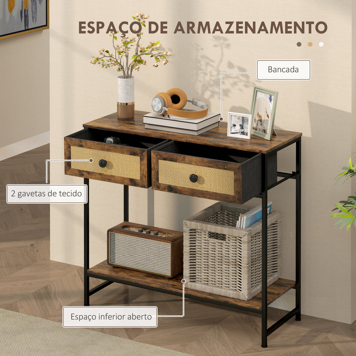 Mesa Consola Móvel de Entrada com Prateleira Aberta 2 Gavetas Frente em Vime Consola de Entrada Corredor 80x30x75 cm Marrom Rústico — foto 5