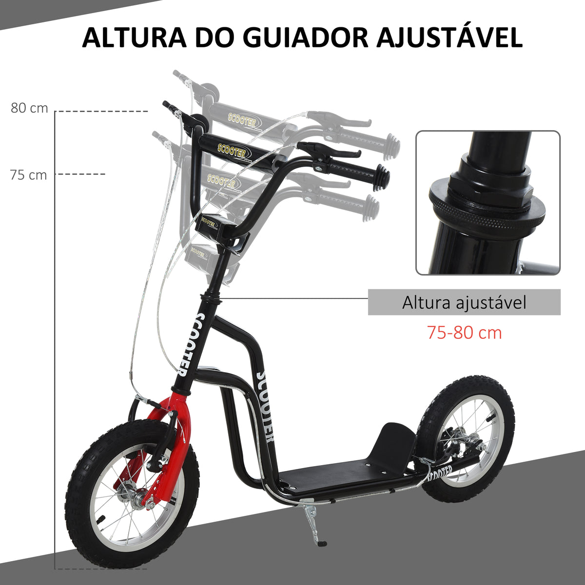 Trotinete para Crianças acima de 5 Anos Trotinete Infantil com Guiador Ajustável em Altura Travão Duplo e Estrutura de Aço Carga 100 kg para Adolescentes 120x58x75-80 cm Preto — foto 5