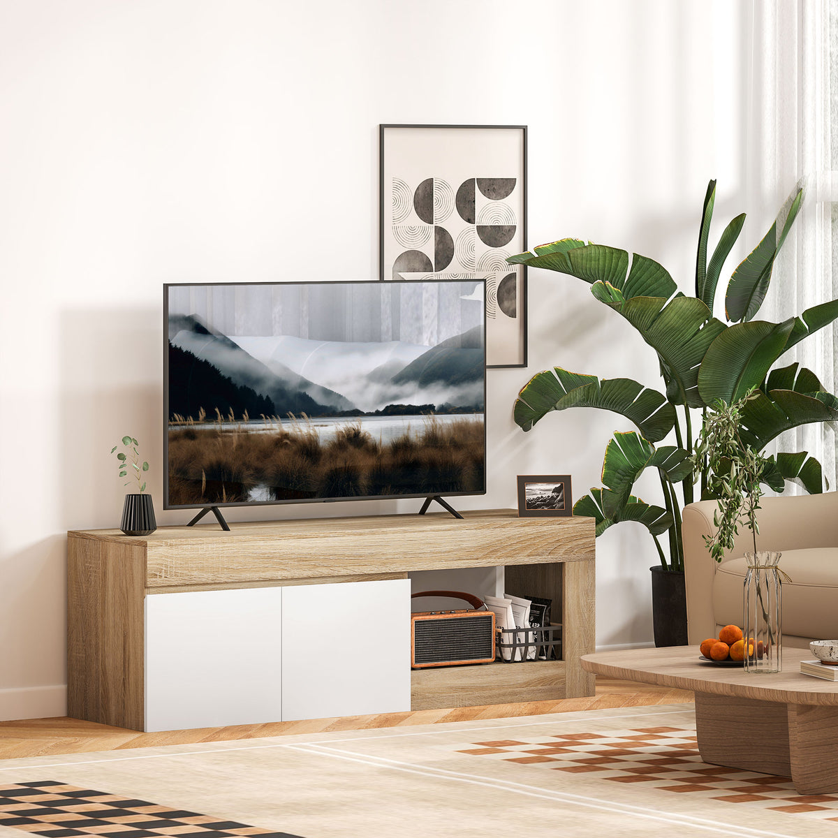 Móvel de TV Mobiliário de TV com 2 Portas Prateleira Aberta Móvel de TV de Sala de Estar para Televisóres de 60 Polegadas 140x40x48 cm Branco e Madeira - Modelo 1 — foto 2
