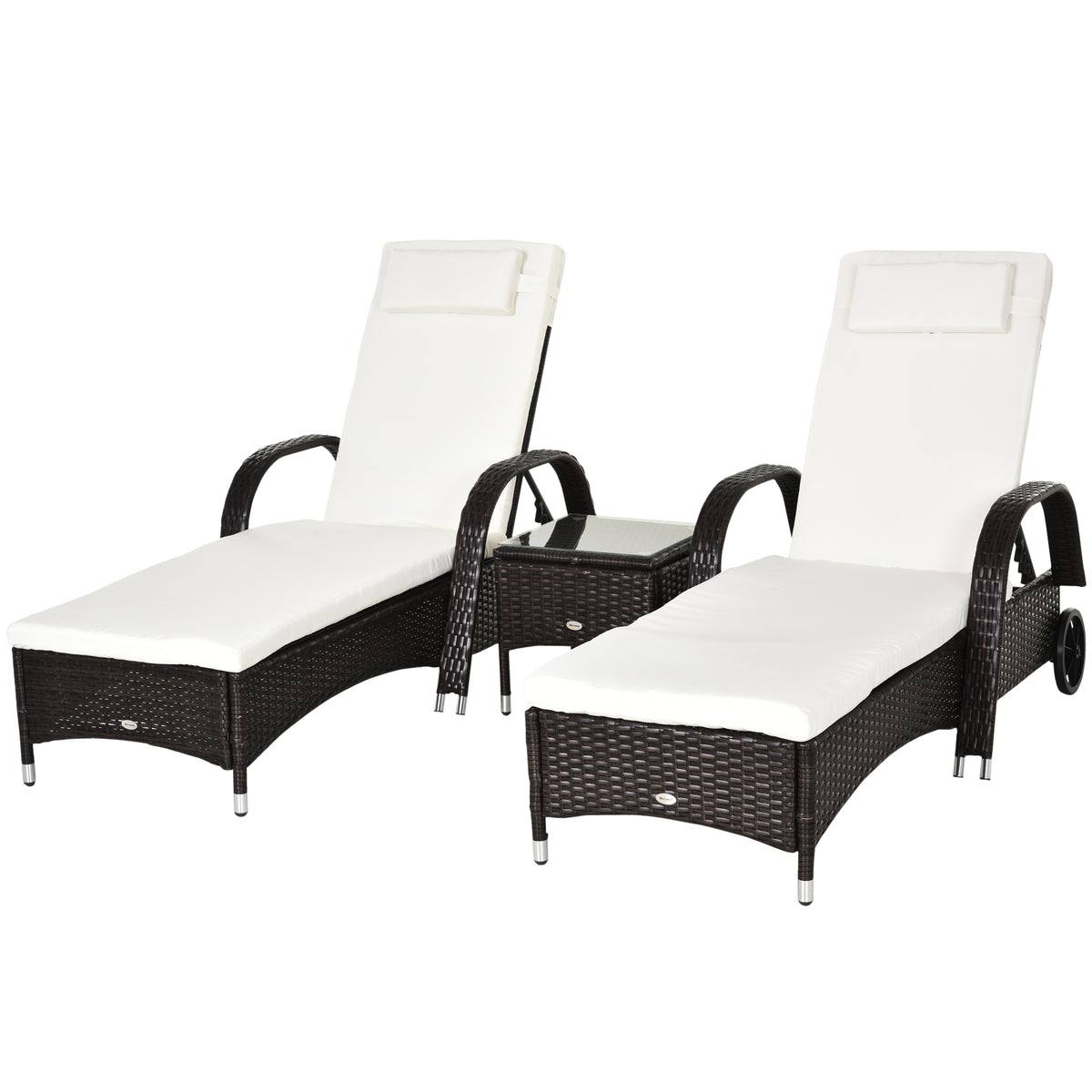 Espreguiçadeiras x2 com Mesa de Vime Chaise Longue para Jardim Pátio Cadeira de exterior com Almofadas Acolchadas Marrom e Branco — foto 1