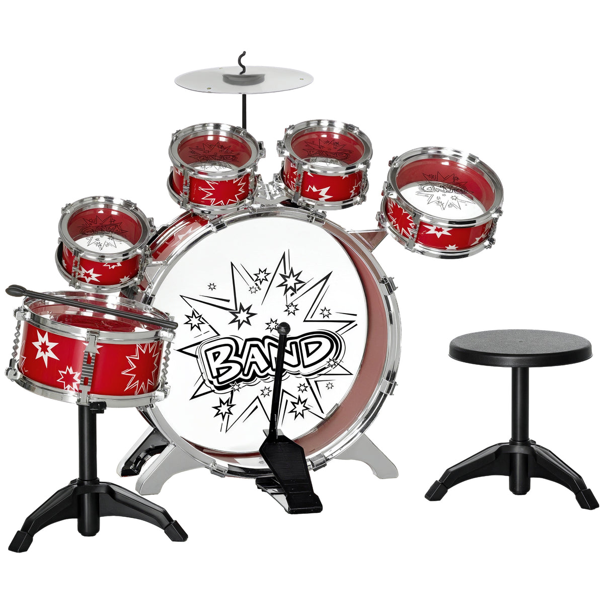 Bateria Infantil com Banco Bateria para Crianças acima de 3 Anos com Tambores Pedal e Baqueta Desenho com Tema de Estrelas 65x22x57 cm Vermelho — foto 1