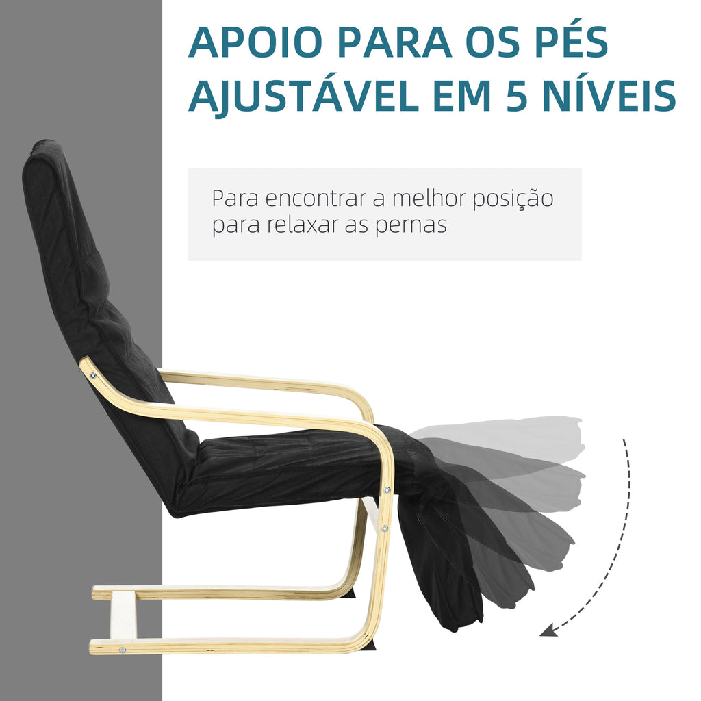 Poltrona de Sala de Estar com Apoio para os Pés Ajustáveis Poltrona para Dormitório Estofada em Tecido com Estrutura de Madeira Carga 120 kg para Escritório Estúdio 66,5x94x100 cm Preto — foto 4