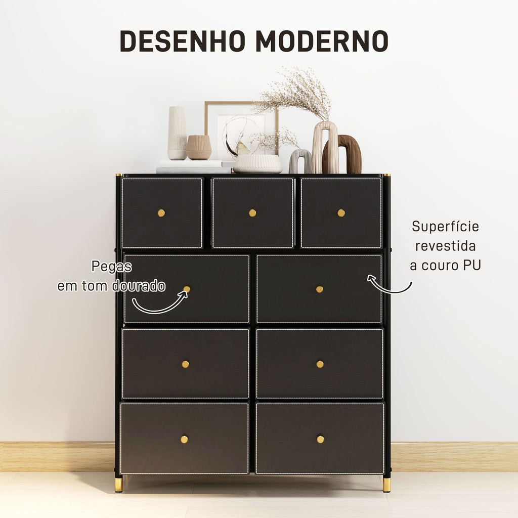 Cómoda para Dormitório Cómoda de Tecido com 9 Gavetas Dobráveis com Frentes de Couro PU e Estrutura de Aço Cómoda para Dormitório 88x30x103,5 cm Preto — foto 5