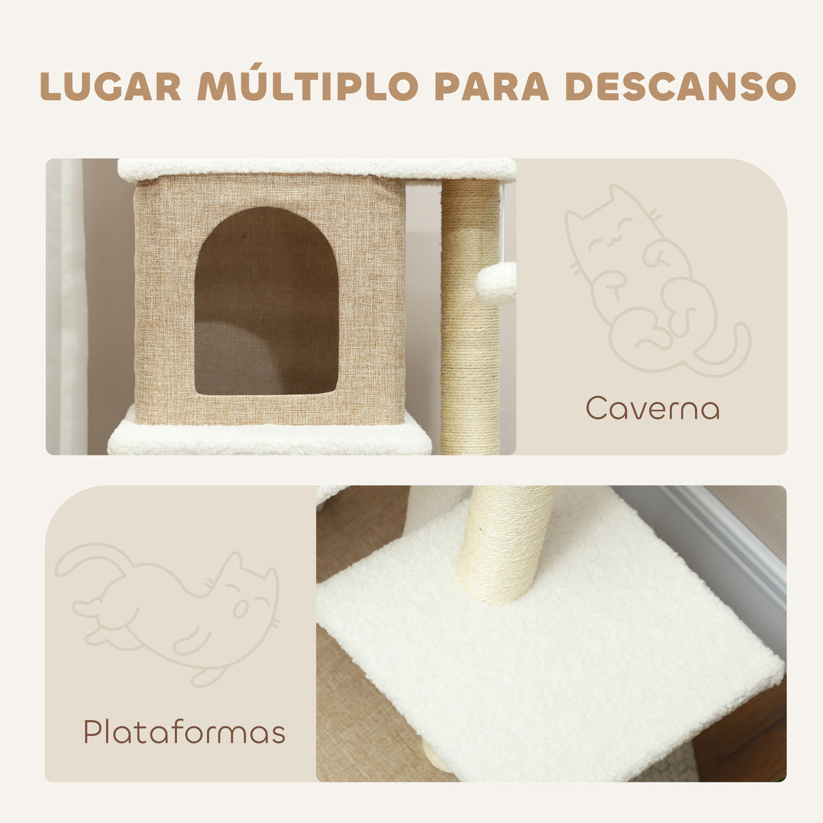Arranhador para Gatos em Borrego Altura 140 cm Arranhador para Gatos com 2 Cavernas Plataformas Bolas Suspensas e Poste de Sisal Marrom Claro — foto 4