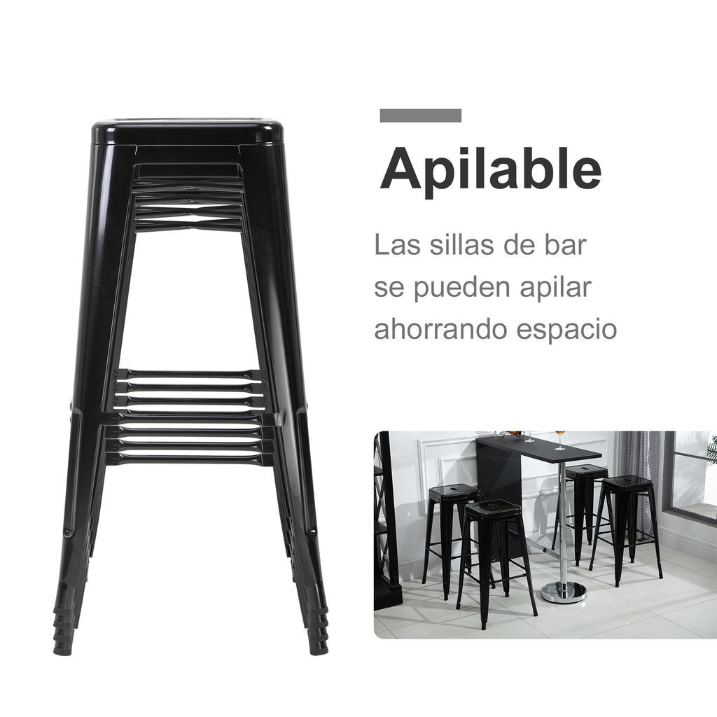 Conjunto de 4 Bancos de Bar Empilháveis Estilo Industrial com Apoios para Pés, Adequados para Interiores e Exteriores 43x43x76 cm Carga até 120 kg Cor Preto — foto 4