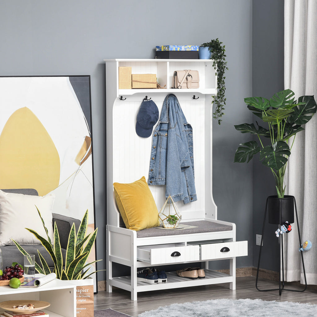 Cabide Sapateira com banco 4 ganchos 2 compartimentos abertos 2 gavetas removíveis e prateleira inferior moderna para corredor entrada 87x42x172 cm Branco — foto 2