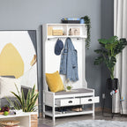 Cabide Sapateira com banco 4 ganchos 2 compartimentos abertos 2 gavetas removíveis e prateleira inferior moderna para corredor entrada 87x42x172 cm Branco — foto 2