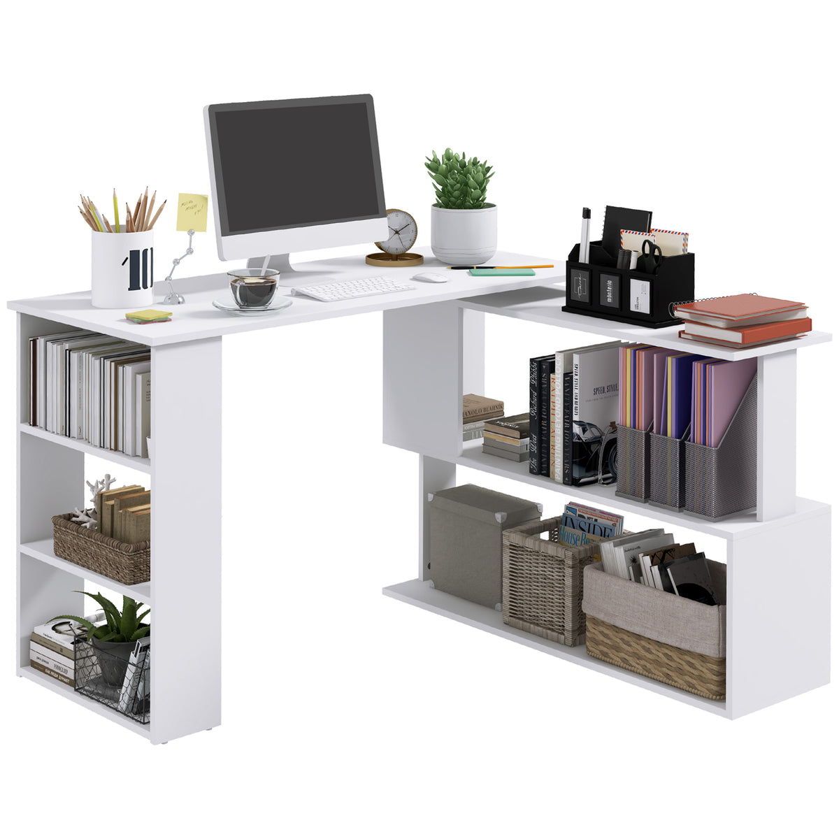 Secretária para Computador Mesa de Canto Rotação 360° Multiformes para Casa, Escola e Escritório 5 Prateleiras Estante Branca — foto 1