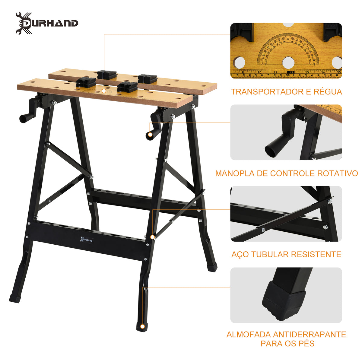 Amazonas: Bancada de trabalho dobrável Mesa de trabalho portátil com 4 grampos Buracos para serra Uso doméstico Ferro para trabalhar madeira Suporte para MDF 70 kg 56x62x75 cm Natural Preto — foto 4