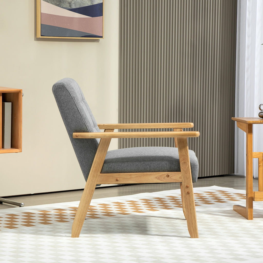 Poltrona Sala de Estar Estofada em Linho Poltrona com Apoio para os Braços e Estrutura de Madeira de Borracha Poltrona para Dormitório Sala de Estar Carga 130 kg 64x75x76 cm Cinza Claro — foto 7