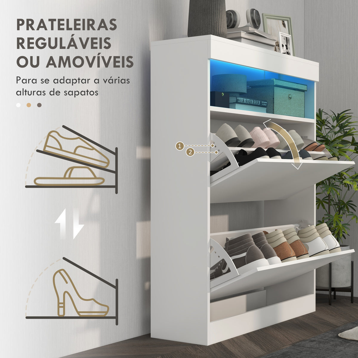 Móvel Sapateira de Entrada Armário Sapateira com Luzes LED Prateleira Aberta e 2 Gavetas Basculantes para 12-16 Pares de Sapatos 80x24x99,5 cm Branco Brilhante — foto 6