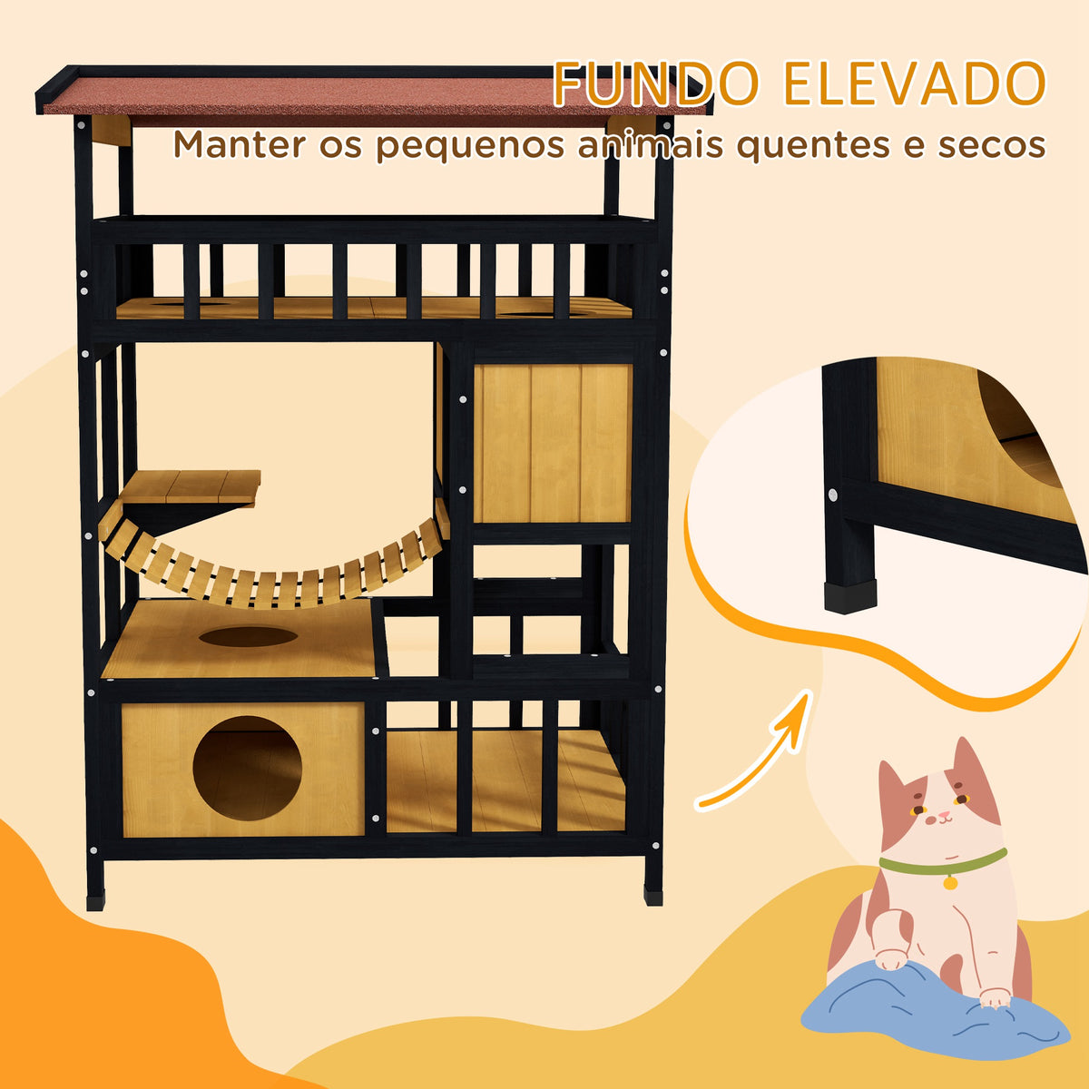 Casa para Gatos de Madeira 84x60x116 cm Abrigo para Gatos de 4 Níveis para Exterior com Ponte Suspensa Varanda e Telhado Asfáltico Natural — foto 7