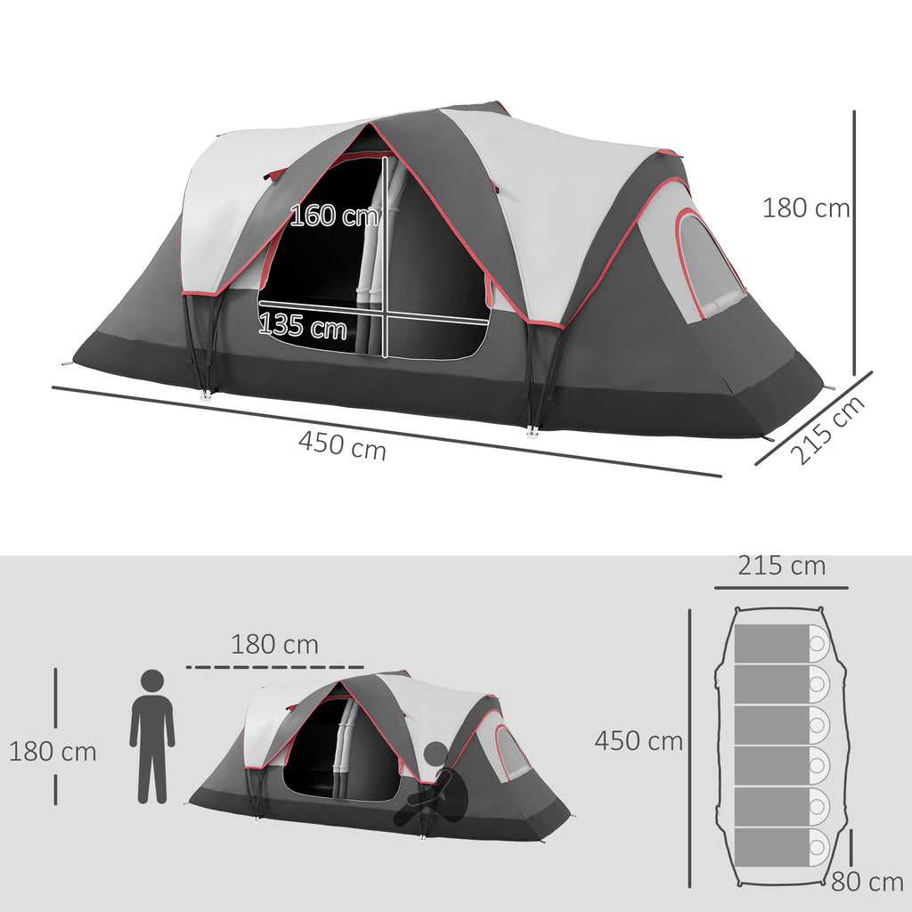 Tenda de Campismo Familiar para 4-5 Pessoas Tenda de Campismo Dobrável com 2 Quartos e Bolsa de Transporte Impermeável para Trekking 450x215x180 cm Cinza — foto 3